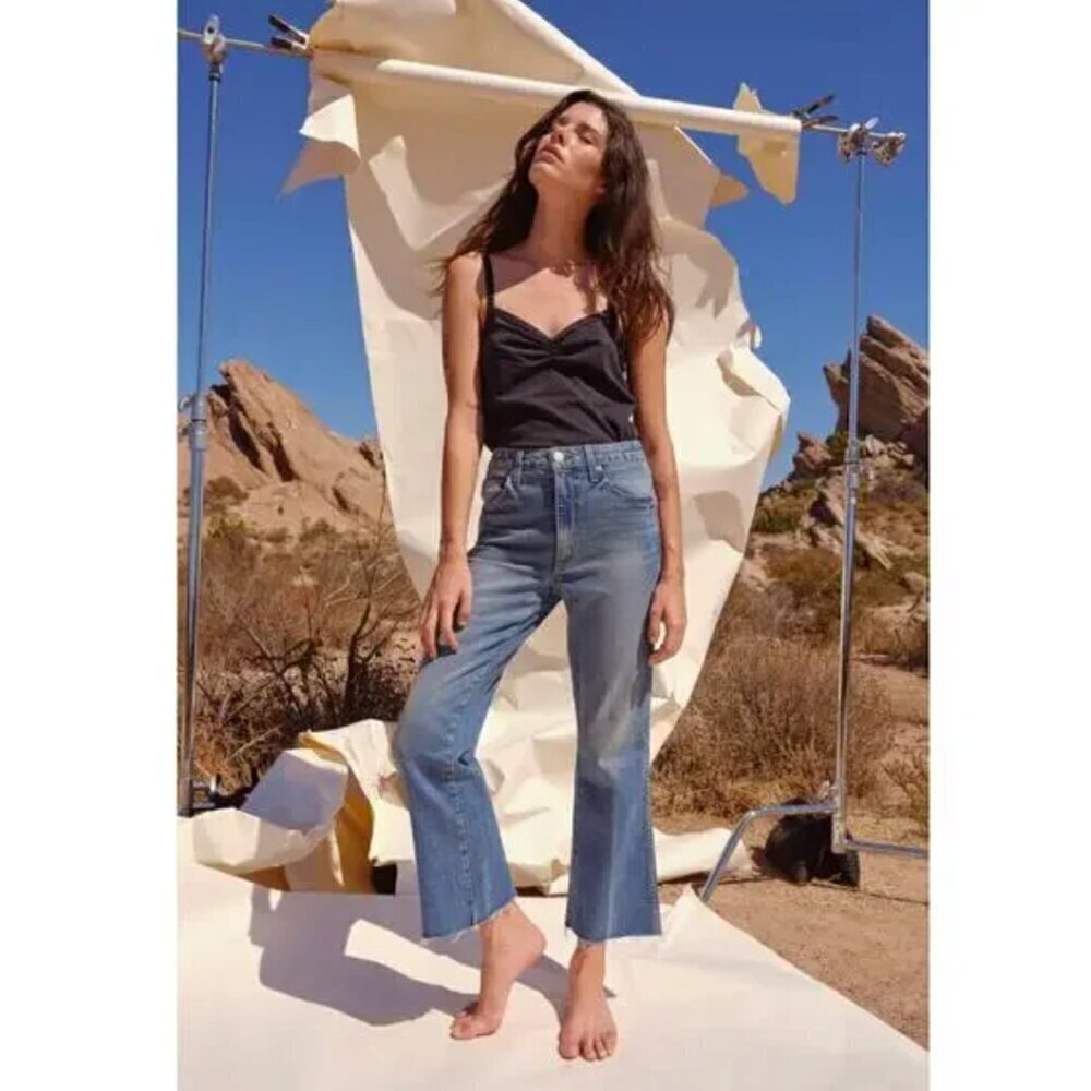 AMO High Rise Kick Crop Topanga Jean Medium Wash Distressed Raw Hem Size 26